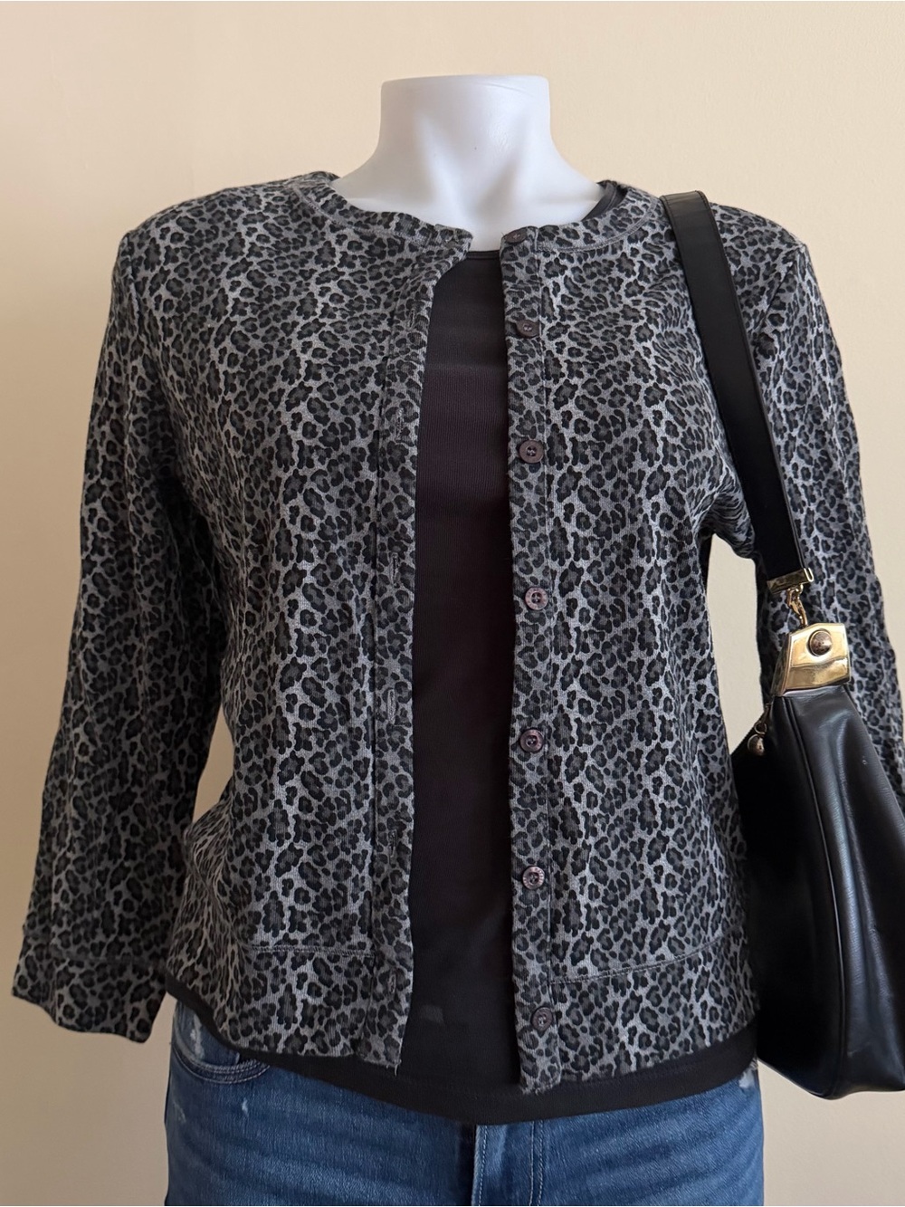 Y2K Rafaella  Gray Leopard Print Button Front Cardigan